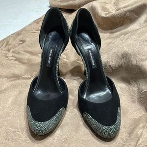 Giorgio Armani black suede & green char heels